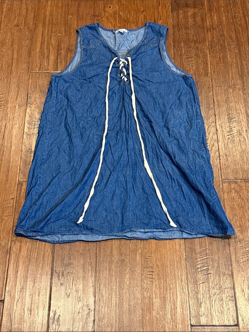 Size Large NOBLE U Sleeveless Lace-Up Chambray Soft Material Jean Dress - Blue